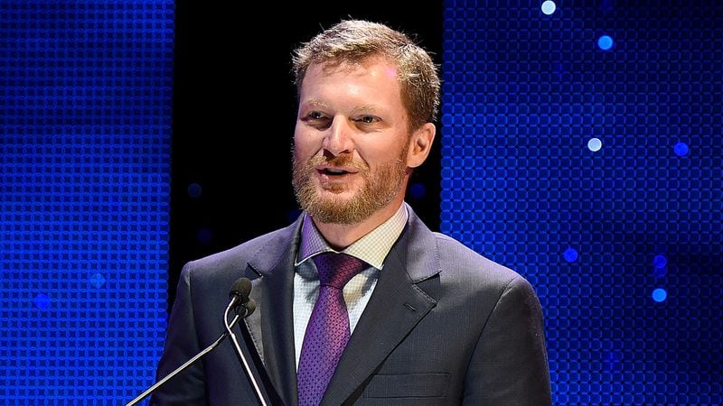 LAS VEGAS, NV - NOVEMBER 29:  Dale Earnhardt Jr. speaks on stage during the NASCAR NMPA Myers Brothers Awards at the Encore Theater at Wynn Las Vegas on November 29, 2017 in Las Vegas, Nevada.  (Photo by David Becker/Getty Images)