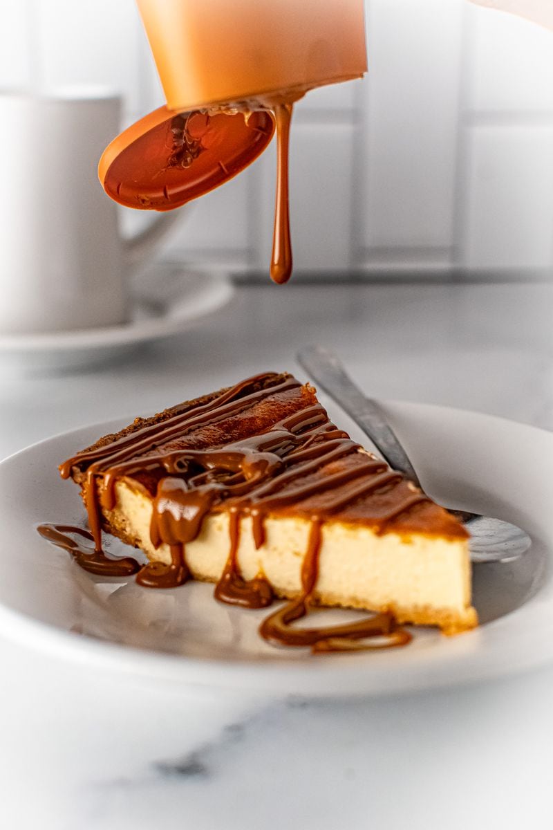 Cheesecake with Dulce de Leche drizzle from Birrieria Landeros.