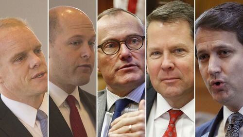 Republican candidates running for governor this year, from left, Clay Tippins, Hunter Hill, Casey Cagle, Brian Kemp and Michael Williams.
