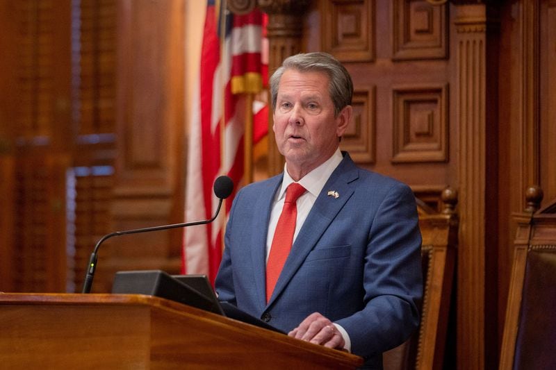 Georgia Gov. Brian P. Kemp (R) addresses the House of Representatives at the Capitol in Atlanta on Sine Die, the last day of the legislative session, on March 28. (Arvin Temkar/The Atlanta Journal-Constitution/TNS)