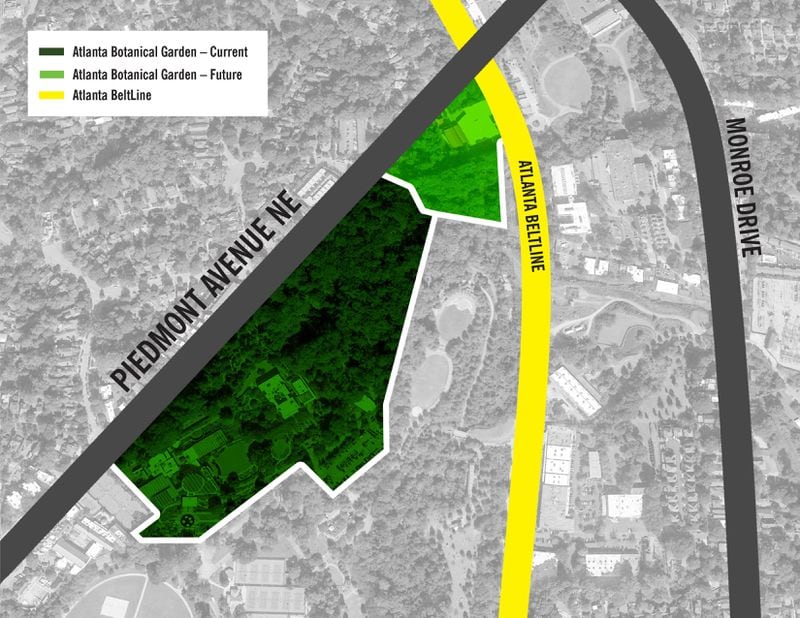 A map shows the new area the Atlanta Botanical Garden plans to add to its acreage. Graphic: Atlanta Botanical Garden