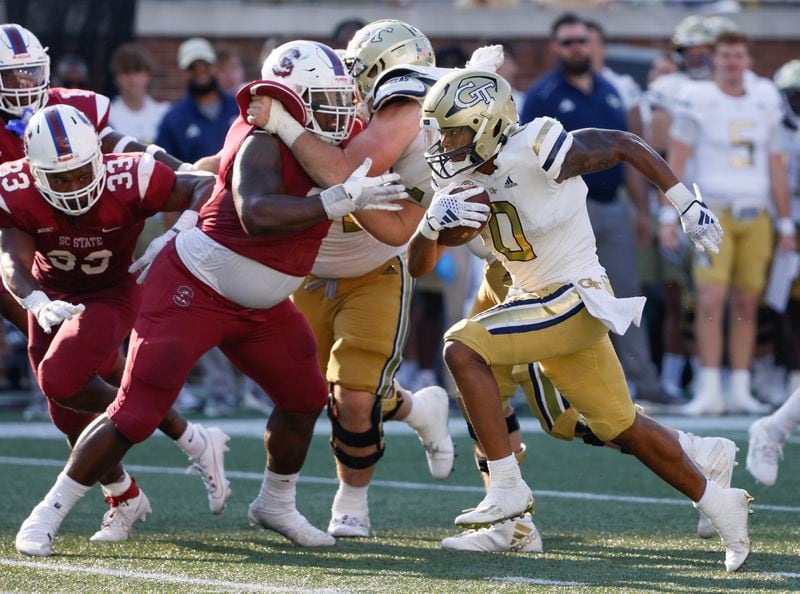 Georgia Tech Yellow Jackets running back Trey Cooley runs for a second half touchdown during a football game against South Carolina State at Bobby Dodd Stadium in Atlanta on Saturday, September 9, 2023. (Bob Andres for the Atlanta Journal Constitution)