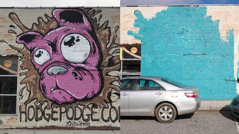 Before and after images of Ray Geier's work outside HodgePodge in Atlanta.