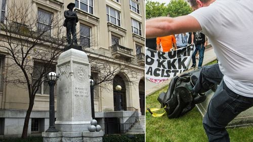 The Confederate Memorial statue in front of the Old Durham County Courthouse in Durham, N.C. was built by the McNeel Marble Company of Marietta in 1924. The statue was torn down by protesters on Aug. 14, 2017 in reaction to a deadly white nationalist rally in Charlottesville, Va. two days before. (Left photo: Tom Vincent / North Carolina Department of Cultural Resources, used with permission; Right photo: Casey Toth/The Herald-Sun/TNS)
