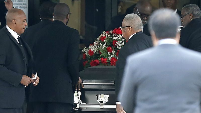 A casket carrying Botham Jean arrives at Greenville Avenue Church of Christ in Richardson, Texas, on Sept. 13, 2018. Ex-Dallas police Officer Amber Guyger is on trial for killing Jean, her neighbor, after going into his apartment by mistake.