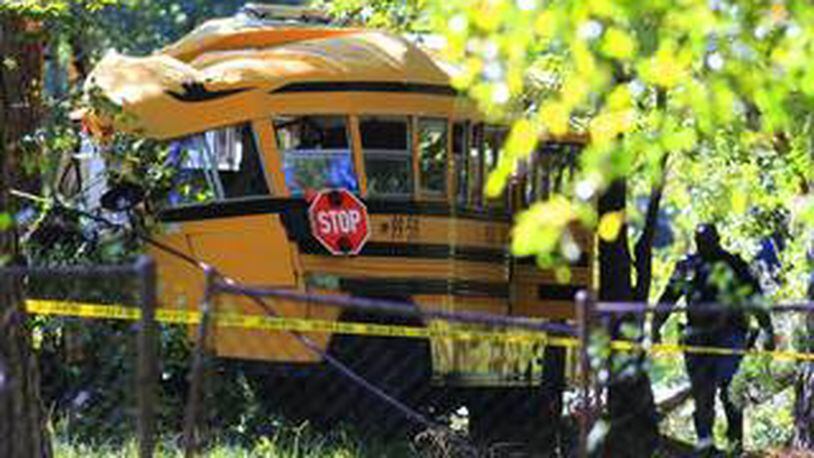 The school bus left the road and crashed head-on into a tree. (Credit: Columbus Ledger-Enquirer)