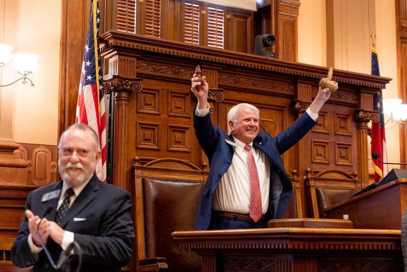 Georgia House Speaker Jon Burns, a Republican from Newington, shows off the fourth gavel he has broken since November.