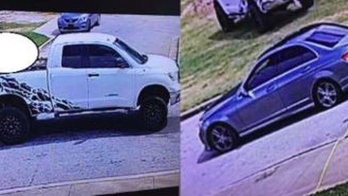A white Toyota Tundra, left, was taken in a carjacking at an elementary school in DeKalb County. Three men driving a gray four-door Mercedes-Benz with tinted windows, right, are sought in the incident.
