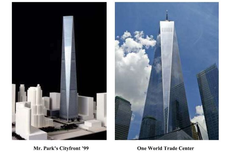 Jeehoon Park claims the design for One World Trade Center (right) was stolen from his master's thesis.