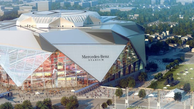 Rendering of an aerial view of the northeast side of Falcons' new stadium, Mercedes-Benz Stadium,  in Atlanta.