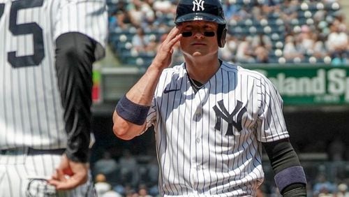 New York Yankees' Josh Donaldson (28) steps back to first base during the third inning of a baseball game against Chicago White Sox, Saturday May 21, 2022, in New York. (AP Photo/Bebeto Matthews)