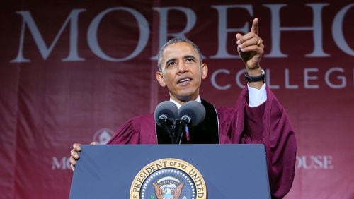 PRESIDENT OBAMA ADDRESSES MOREHOUSE MEN--051913 ATLANTA: President Barack Obama delivers the commencement speech at Morehouse College on Sunday, May 19, 2013, in Atlanta. CURTIS COMPTON / CCOMPTON@AJC.COM