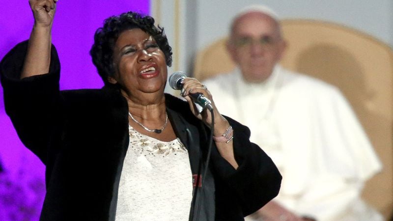 Aretha Franklin performs at the Festival of Families as Pope Francis watches on Sept. 26, 2015, in Philadelphia. 