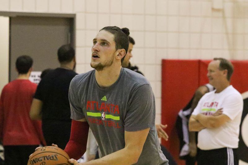 Mike Muscala during the Atlanta Hawks' training camp at Stegeman Coliseum in Athens, Georgia on Tuesday, Sept. 27, 2016. (Photo by Cory A. Cole)