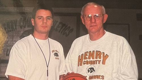 Chuck Miller (right) died Feb. 16, 2023, at age 79. The basketball coach won 865 games and retired in 2010 as Henry County High's athletic director. His son, Curt Miller (left), followed his father's career path as a basketball coach and athletic director. (Photo courtesy of Curt Miller)