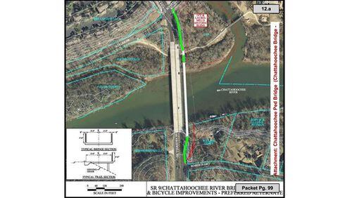Map depicts the proposed pedestrian and bicycle bridge over the Chattahoochee River at Roswell Road (Ga. 9), a joint project of Roswell and Sandy Springs. The two cities have agreed to split an additional design fee of $112,155 for the span. CITY OF ROSWELL