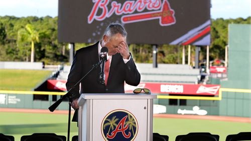 MLB commissioner Rob Manfred pauses before answering a question about the Houston Astros while holding his press conference  to open spring training at the Atlanta Braves CoolToday Park on Sunday, Feb. 16, 2020, in North Port.