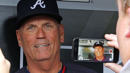 Braves interim manager Brian Snitker talks with reporters in the dugout before a baseball game against the Pittsburgh Pirates in May after taking over for the fired Fredi Gonzalez. (AP photo)