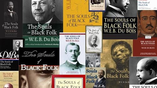 Photo illustration of various editions of W.E.B. DuBois’ “The Souls of Black Folk,” first published in 1903. The book’s first chapter coins the term “double-consciousness,” which DuBois defined as the “sense of always looking at one’s self through the eyes of others.” (Pete Corson / AJC)