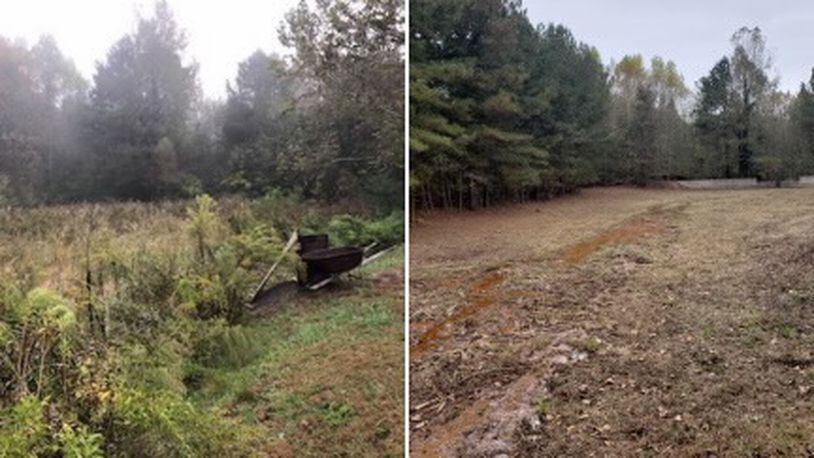 On the left, an overgrown stormwater drainage pond. On the right, the same location after maintenance is complete. COURTESY OF DEKALB COUNTY