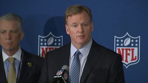NFL commissioner Roger Goodell announces the league’s new national anthem policy at the 2018 NFL spring meetings at The Whitley Hotel in Buckhead Wednesday