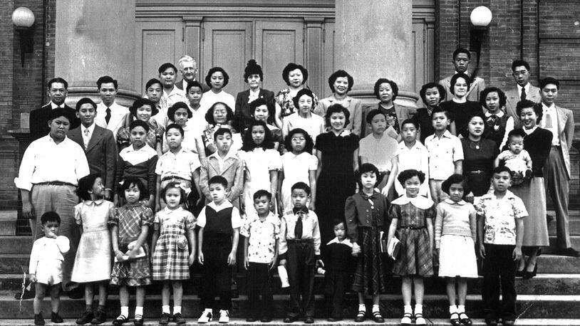 Members of a Chinese Sunday School take a group portrait in front of First Baptist Church in Augusta in the 1950s. Ray Rufo, former president of Augusta’s Chinese Consolidated Benevolent Association, is on the far upper right in glasses. Paul Jue, at far left, was one of the first Chinese American deacons in the Southeast. (Courtesy of the Chinese Consolidated Benevolent Association of Augusta)