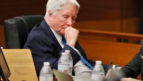 4/17/18 - Atlanta - Tex McIver turns his chair as Chief Assistant District Attorney Clint Rucker finishes his closing arguments for the prosecution today during the Tex McIver murder trial at the Fulton County Courthouse.
