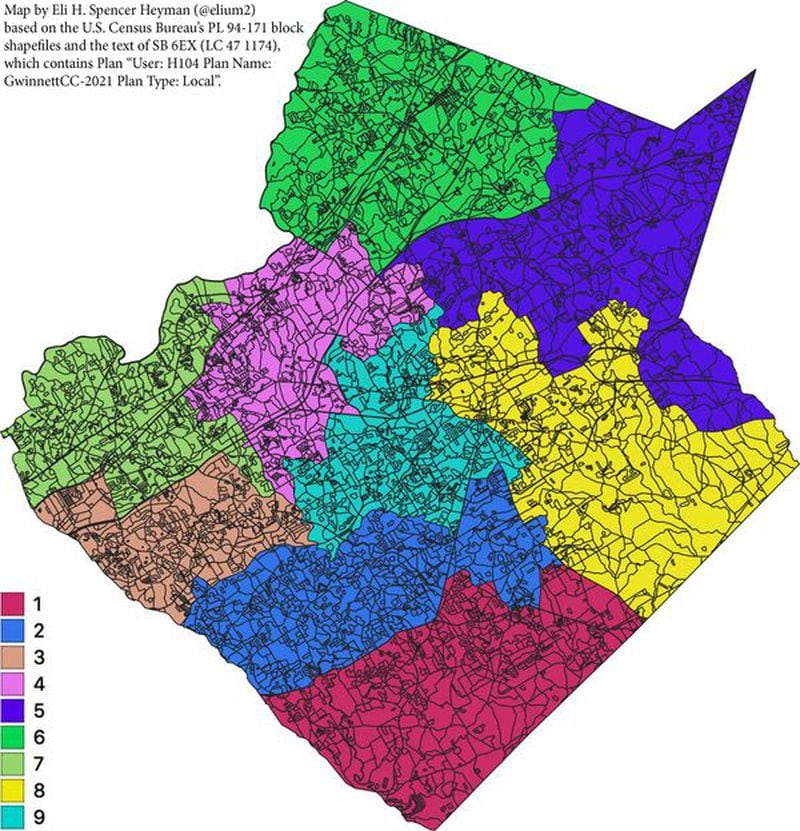 A map of the proposed districts for the Gwinnett County Board of Commissioners if five new seats are added to the board. (Courtesy of Eli H. Spencer Heyman / www.elium2.com)