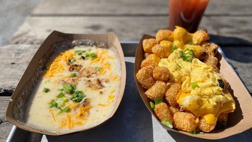 The Abby Singer’s Sunday brunch menu includes shrimp and grits and tater tots topped with cheese and egg.
Wendell Brock for The Atlanta Journal-Constitution
