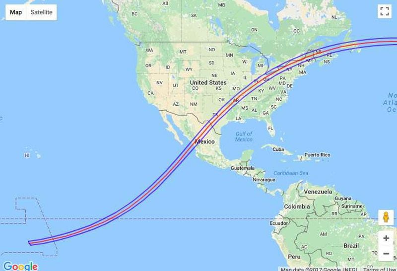 This map shows the total solar eclipse 2024’s path of totality. Areas within approximately 200 miles of the path will experience a total solar eclipse. Areas outside the 200 miles will experience a partial eclipse.