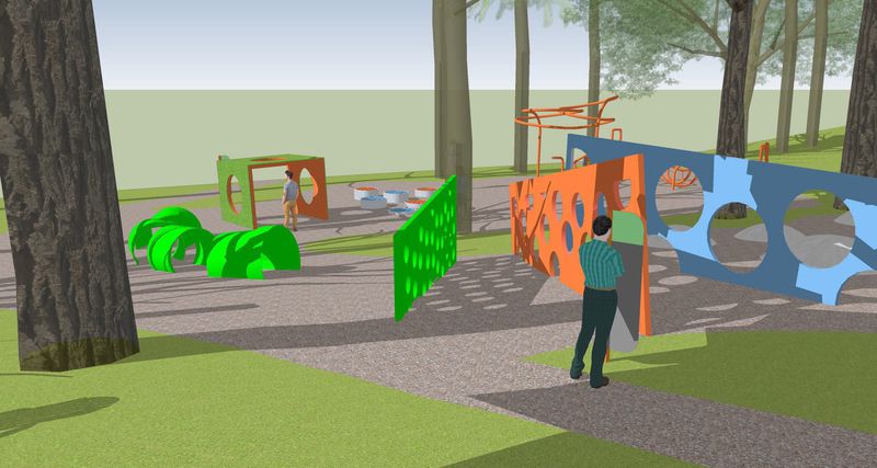 The design of the playscape is inspired by the nearby water treatment plant.