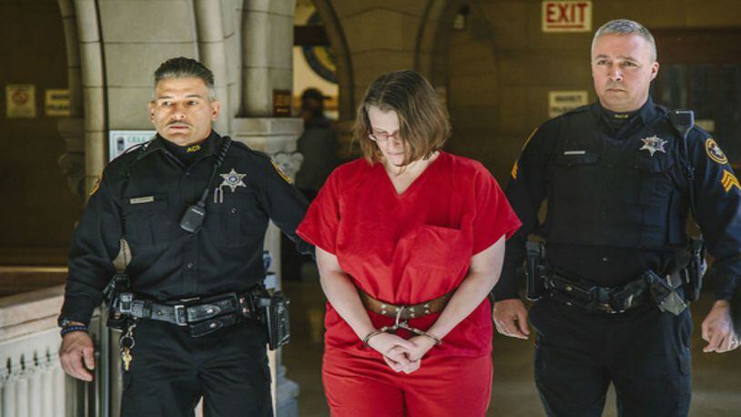 Suspect Laurel Schlemmer, who is accused of drowning two of her sons in a bathtub in 2014, is escorted to the courtroom at the Allegheny County Courthouse for her nonjury trial on Wednesday, March 8.