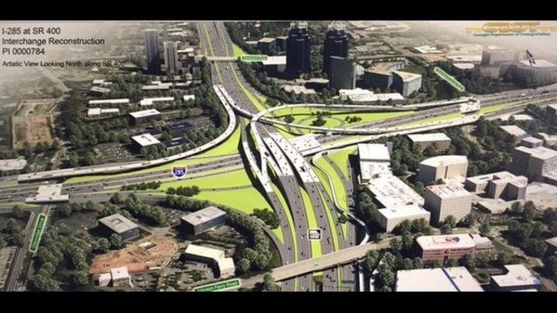 The redesigned I-285/Ga. 400 interchange in Sandy Springs will extend for miles along the two expressways. AJC FILE