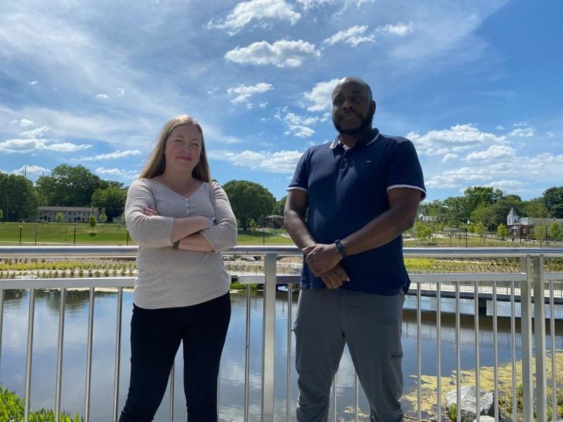 Vine City residents Daryl Graham, right, and Jennifer Ade stand at Rodney Cook Park, 16-acre community park in the historic neighborhood, on Thursday, May 20, 2021. (Photo by Matt Bruce/For the AJC)