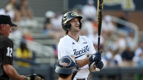 Georgia Tech first baseman Cam Jones ponders an at-bat during the first inning against Auburn at Russ Chandler Stadium, Tuesday, May 7, 2024, in Atlanta. Jones plays first base, outfield and is also a pitcher for the Jackets. (Jason Getz / AJC)
