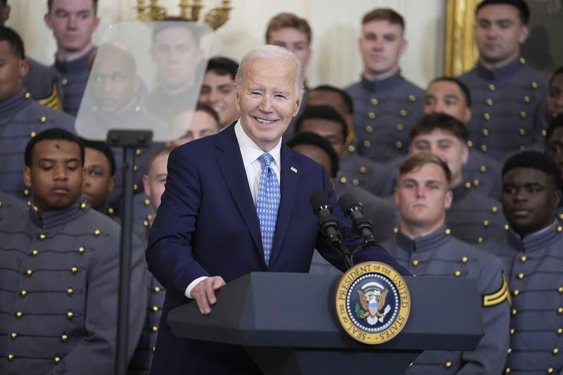 President Joe Biden speaks during an event to present the Commander-in-Chief's Trophy to the United States Military Academy Army Black Knights during an event in the East Room of the White House, Monday, May 6, 2024, in Washington. (AP Photo/Evan Vucci)