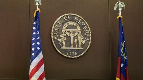The State of Georgia seal is shown in the court room of Judge Ural Glanville at the Fulton County Courthouse, Friday, March 22, 2024, in Atlanta. (Jason Getz / jason.getz@ajc.com)