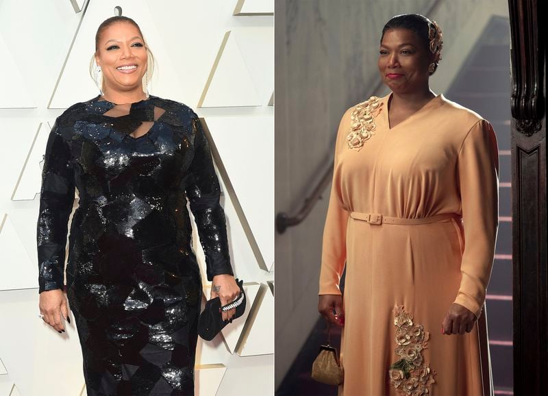 This combination photo shows actress-singer Queen Latifah at the Oscars in Los Angeles and Queen Latifah portraying "Gone With the Wind" actress Hattie McDaniel in a scene from the Netflix series "Hollywood." 