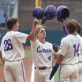Cartersville outfielder Luke Miller (4, center) celebrates hitting a three-run homer during the second inning against Loganville in game three of the Class 5A GHSA baseball finals at Coolray Field, Friday, May 17, 2024, in Lawrenceville, Ga. (Jason Getz / AJC)