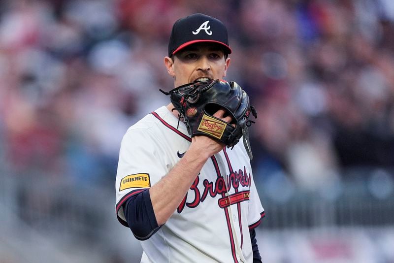 Atlanta Braves starting pitcher Max Fried (54) reacts on the first inning of baseball game against the Arizona Diamondbacks Saturday, April 6, 2024, in Atlanta. Fried allowed six runs in the inning. (AP Photo/John Bazemore)