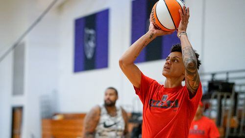 Candice Dupree, recently acquired by the Atlanta Dream, take a shot during a Dream practice in August 2021. (Photo courtesy of Kelsey Bibik/Atlanta Dream)