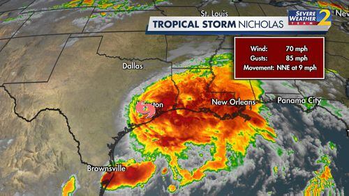 Tropical Storm Nicholas was downgraded from a Category 1 hurricane after making landfall Tuesday morning along the Texas coast. It could bring rain to North Georgia by Wednesday afternoon, according to Channel 2 Action News.