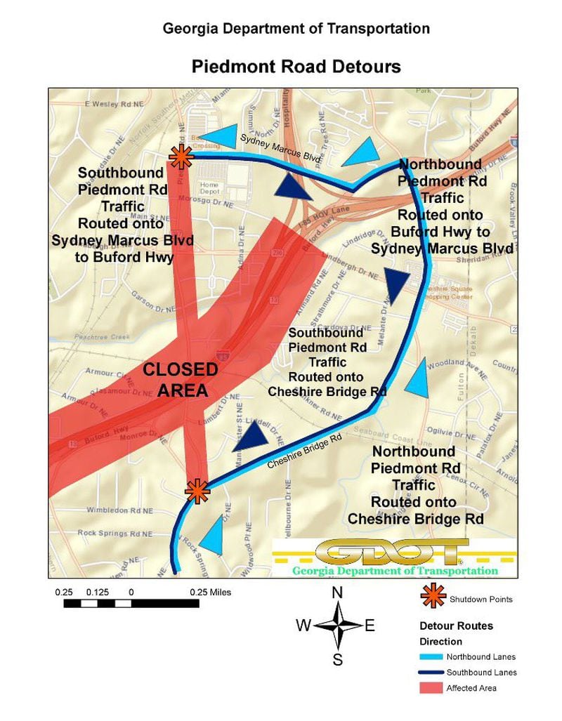 The Georgia Department of Transportation has outlined alternative routes for drivers after part of I-85 collapsed after a fire. I-85 is closed in both directions from the I-75/Brookwood split to the North Druid Hills exit. The detour includes Piedmont Road from Cheshire Bridge Road to Sydney Marcus Blvd.