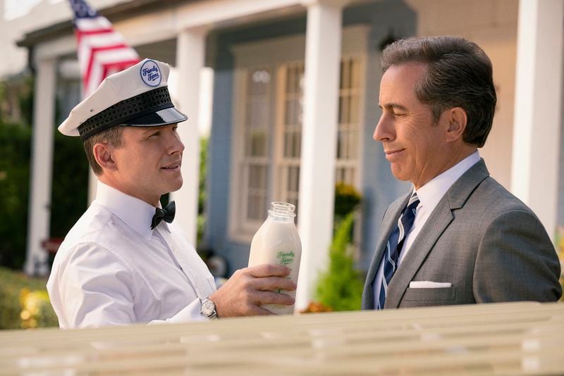 This image released by Netflix shows Christian Slater, left, and Jerry Seinfeld in a scene from "Unfrosted." (John P. Johnson/Netflix via AP)
