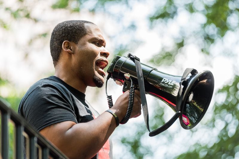 Atlanta attorney and activist Gerald Griggs, from the Georgia Alliance for Social Justice, during a protest at Woodruff Park in April 2017. (Cory Hancock for The AJC)