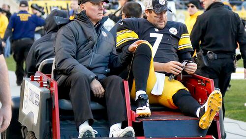 Pittsburgh Steelers quarterback Ben Roethlisberger (7) is taken away on a cart after being injured in an NFL football game against the Oakland Raiders, Sunday, Nov. 8, 2015, in Pittsburgh. (AP Photo/Gene Puskar)