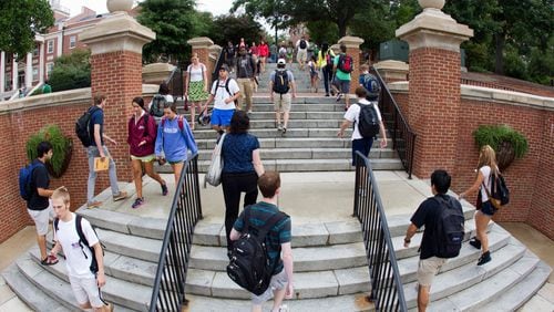 University of Georgia students walk on the Baldwin Street Steps on campus between classes.