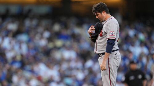 Braves relief pitcher Luke Jackson takes a moment before pitching in the eight inning against the Los Angeles Dodgers in Game 3 of the NLCS Tuesday, Oct. 19, 2021, in Los Angeles. The Dodgers won 6-5. (Ashley Landis/AP)