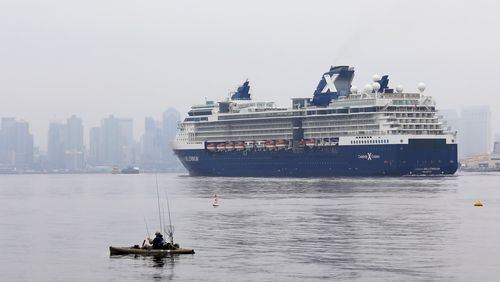 Two passengers on the cruise ship Celebrity Millennium, pictured here in San Diego Bay, have tested positive for COVID-19. The Celebrity Millennium departed the island of St. Maarten on June 5, making it the first North American voyage since the start of the COVID-19 pandemic.