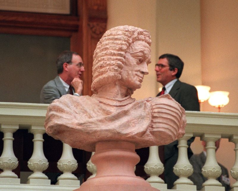 In the State Capitol, a statue of Georgia's founder James Oglethorpe looms large . (DAVID TULIS/AJC STAFF PHOTO)